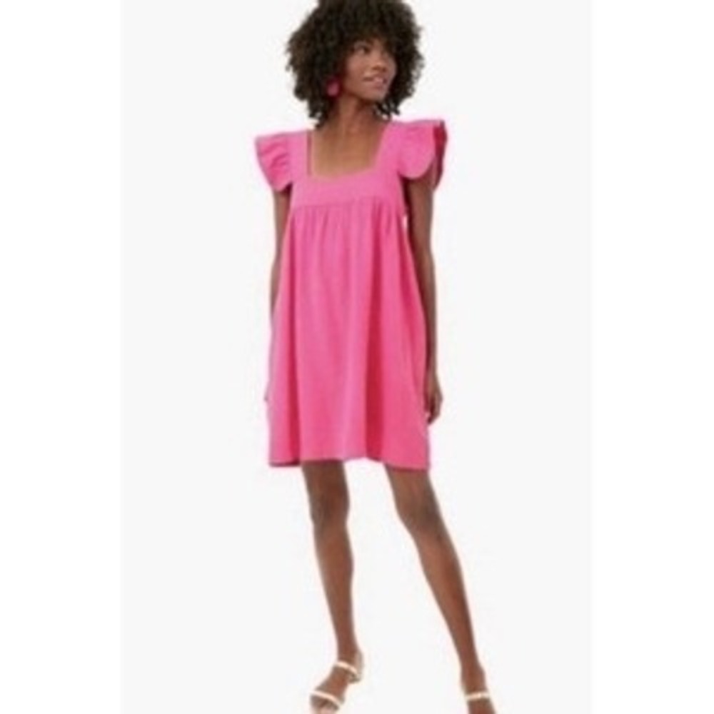 Pomander Place Hazel Flutter Sleeve Dress Women L Pink Ruffle Linen Blend Mini
